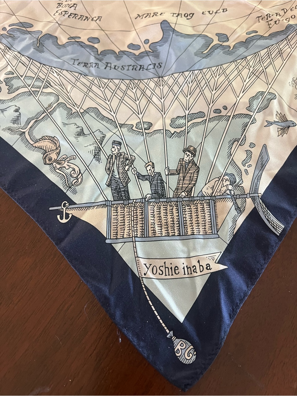 Navy And Cream Illustrated Silk Scarf